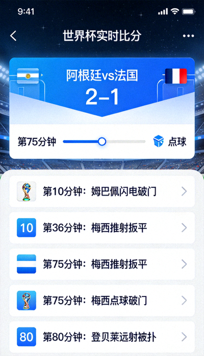 世界杯app官方比分推送详情页截图 - 显示实时比赛事件流